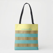Goud en Blauwgroen Stripes Tote Bag (Voorkant)
