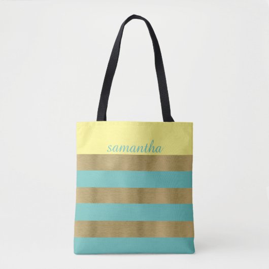 Goud en Blauwgroen Stripes Tote Bag (Voorkant)