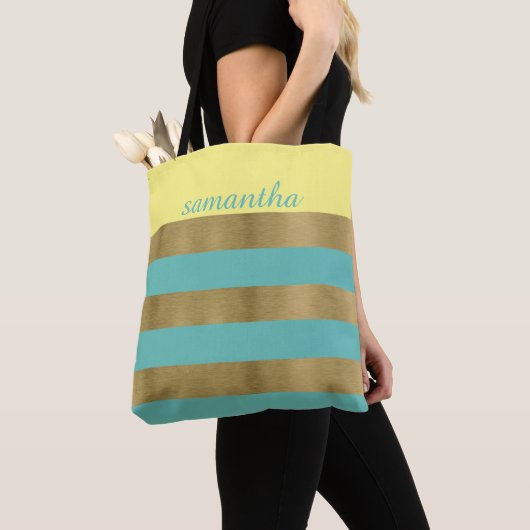 Goud en Blauwgroen Stripes Tote Bag (Dichtbij)