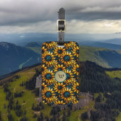 Goud en Blauwgroen Zonnebloem Glas in lood Monogra Bagagelabel