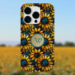 Goud en Blauwgroen Zonnebloem Glas in lood Monogra Case-Mate iPhone 14 Pro Hoesje