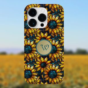 Goud en Blauwgroen Zonnebloem Glas in lood Monogra Case-Mate iPhone 14 Pro Hoesje