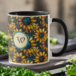 Goud en Blauwgroen Zonnebloem Glas in lood Monogra Mok