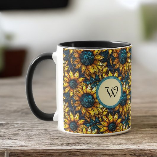 Goud en Blauwgroen Zonnebloem Glas in lood Monogra Mok