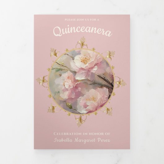 Goud en bloemen Quinceanera Drieluik Uitnodiging (Cover)