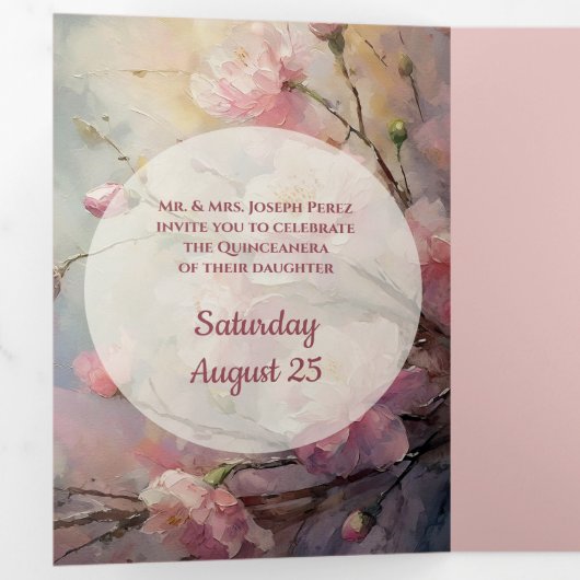 Goud en bloemen Quinceanera Drieluik Uitnodiging (Binnenzijde eerst)