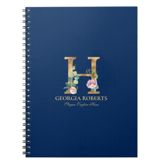 Goud en bloemetjesmonogram op blauw 3 Ring B Notitieboek (Voorkant)