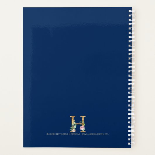 Goud en bloemetjesmonogram op blauw 3 Ring B Planner (Achterkant)