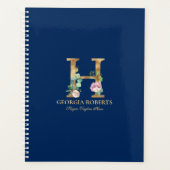 Goud en bloemetjesmonogram op blauw 3 Ring B Planner (Voorkant)