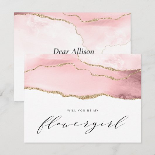 goud en blos agaat wil je mijn bloemenmeisje zijn uitnodiging briefkaart (Voorkant / Achterkant)