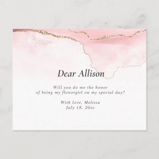 goud en blos agaat wil je mijn bloemenmeisje zijn uitnodiging briefkaart (Achterkant)