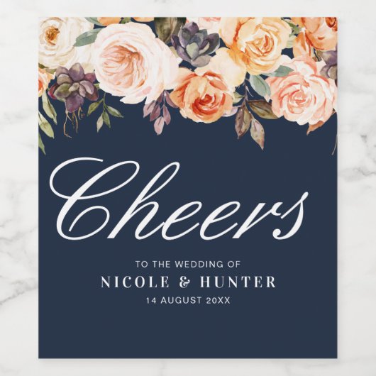 Goud en blozend marineblauw bruiloft wijn etiket (Enkel label)