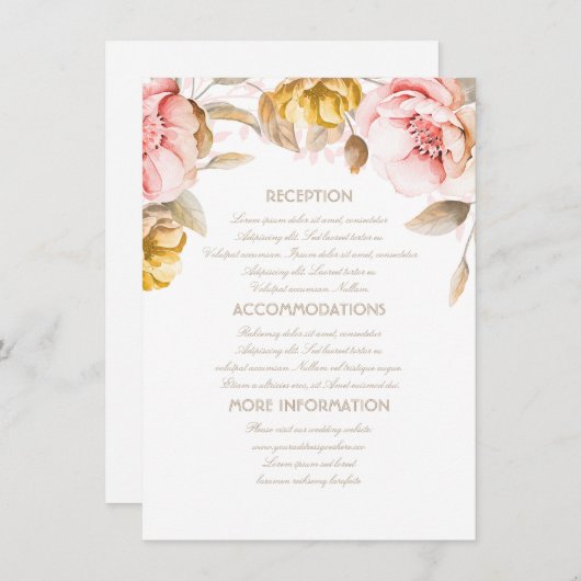Goud en Blush Bloemen Trouwinformatie Gast Informatiekaartje (Voorkant / Achterkant)