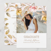 Goud en Blush Bloemen Waterverf Foto Afstuderen Kaart (Voorkant / Achterkant)