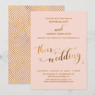 Goud en Blush Hun Trouwtypografie met Hartjes Kaart