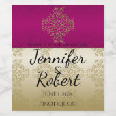 Goud en bordeaux Damask Posh Bruiloft Wijn Label Etiket (Enkel label)