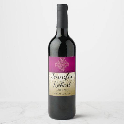Goud en bordeaux Damask Posh Bruiloft Wijn Label Etiket (Voorkant)