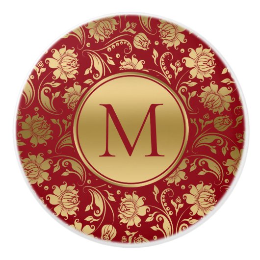 Goud en bordeaux damasks Monogram Keramische Knop (Voorkant)