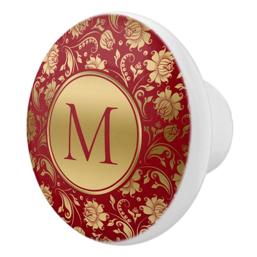 Goud en bordeaux damasks Monogram Keramische Knop (Rechts)