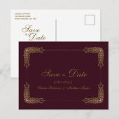 Goud en bordeauxrood kant Save the Date ansichtkaa Aankondigingskaart (Voorkant / Achterkant)