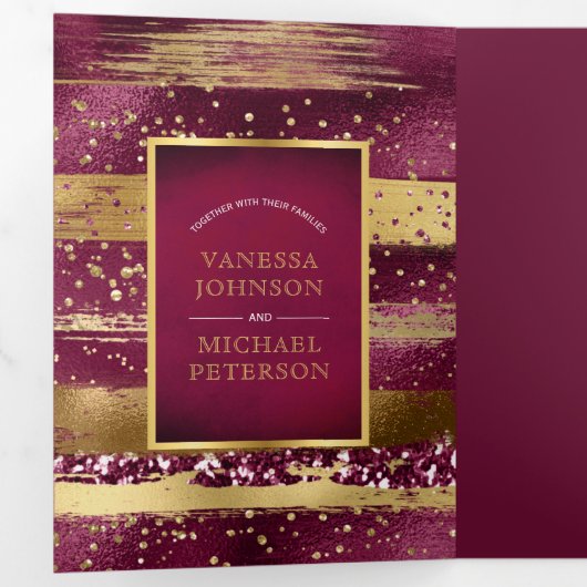 Goud en borstel streken bruiloft drieluik uitnodiging (Binnenzijde eerst)