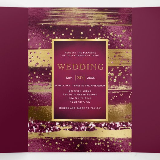 Goud en borstel streken bruiloft drieluik uitnodiging (Binnenkant midden)