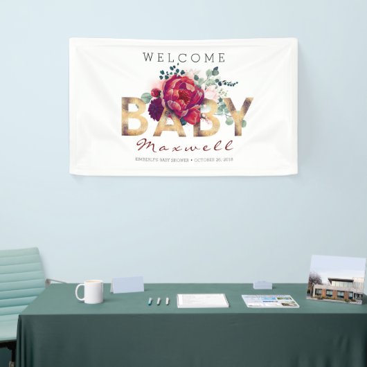 Goud en Bourgogne Bloemen Baby shower Spandoek (Beurs)