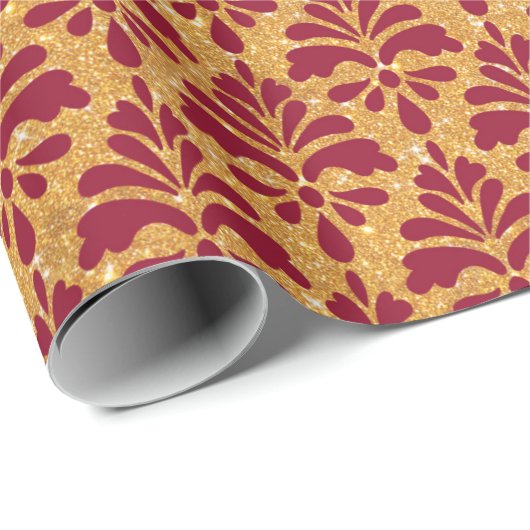  goud en Bourgogne Floral Damaskerst Cadeaupapier (Rol Hoek)
