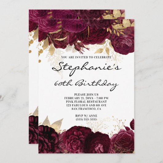 Goud en Bourgogne Florale Grenzen 60e verjaardag Kaart (Voorkant / Achterkant)