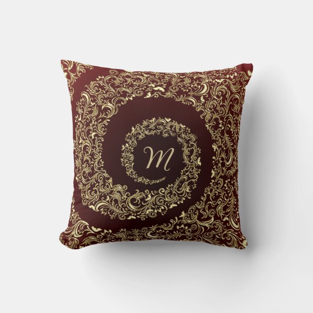 Goud en Bourgogne Monogram Decoratief Kussen (Voorkant)