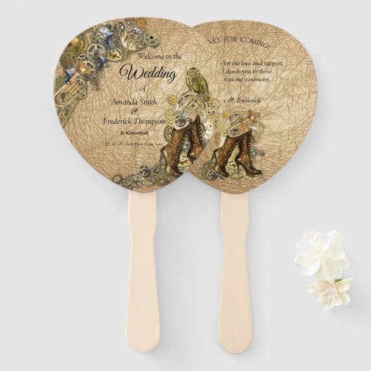 Goud en brass Steampunk sculpturen op goudleder Handwaaier (Voorkant en achterkant)