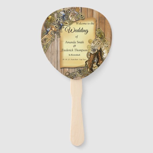 Goud en brass Steampunk sculpturen op hout Handwaaier (Voorkant)