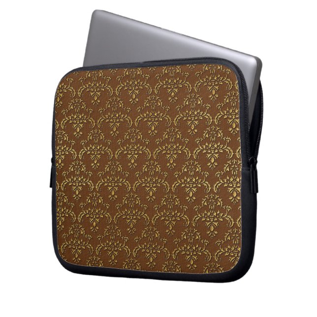 Goud en Bruin Damaskpatroon Laptop Sleeve (Voorkant Links)