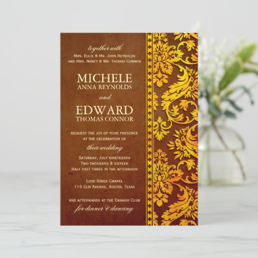  goud en bruine Damask-weddenschap Kaart (Staand voorkant)