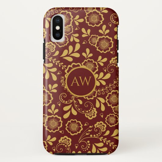 Goud en Cherry Red Victoriaans Bloemen Kant Monogr Case-Mate iPhone Case (Achterkant)