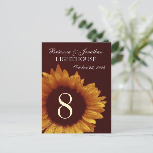 Goud en Chocolade Zonnebloem Trouwtafel Nummer Briefkaart (Staand voorkant)