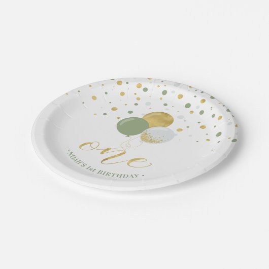 Goud en Confetti Balloons 1e verjaardag Papieren Bordje (Gekanteld)