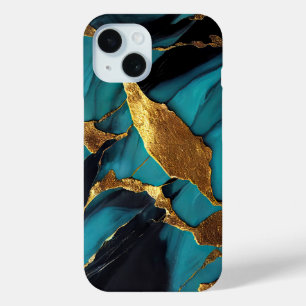 Goud en Cyaan Vloeibare Marmeren Fusie iPhone 15 Case