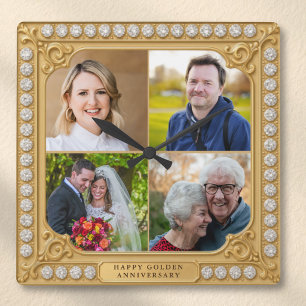 Goud en diamanten 50e jubileum 4 foto collage vierkante klok
