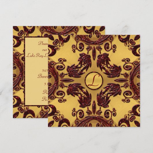  goud en diep rood glitter Floral Wedding Kaart (Voorkant / Achterkant)