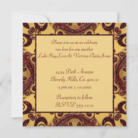  goud en diep rood glitter Floral Wedding Kaart (Achterkant)