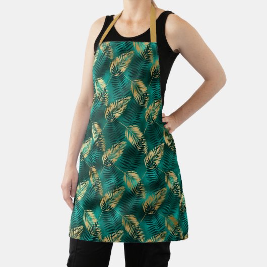 Goud en donker blauwgroen blad op blauwgroen patro schort (Insitu)