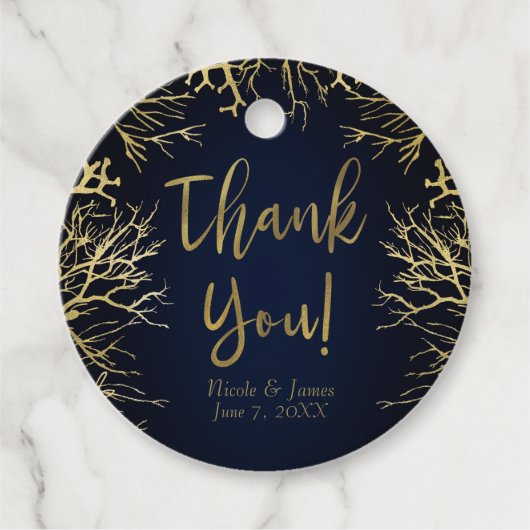 Goud en donker marineblauw legant koraal huwelijk bedankjes labels (Voorkant)