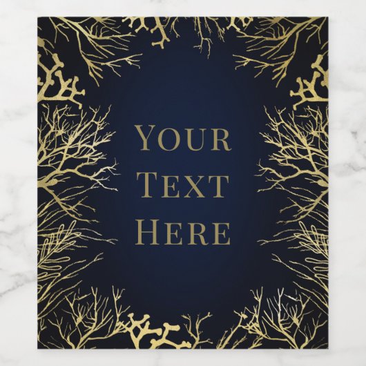 Goud en donker marineblauw legant koraal huwelijk wijn etiket (Enkel label)