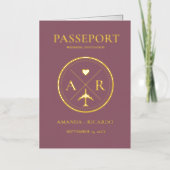 Goud en donker Mauve paspoort bruiloft uitnodiging (Voorkant)