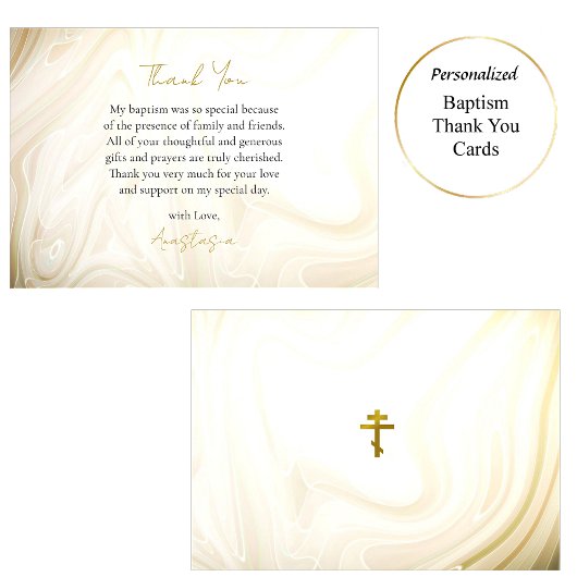 Goud en Donker Tan Faux Marble Wervelt Doop Bedankkaart