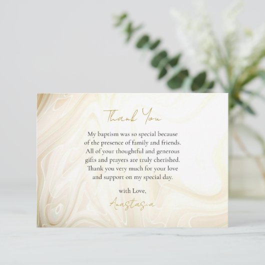 Goud en Donker Tan Faux Marble Wervelt Doop Bedankkaart (Staand voorkant)