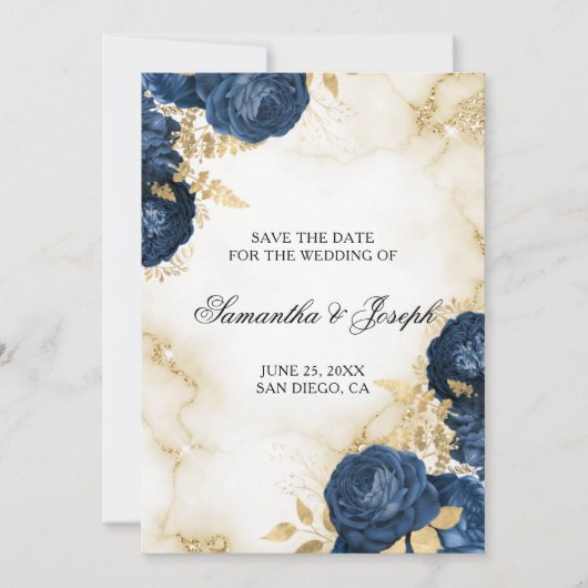Goud en donkerblauwe vintage bloemenrand save the date (Voorkant)