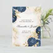 Goud en donkerblauwe vintage bloemenrand save the date (Staand voorkant)