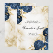 Goud en donkerblauwe vintage bloemenrand save the date (Voorkant / Achterkant)